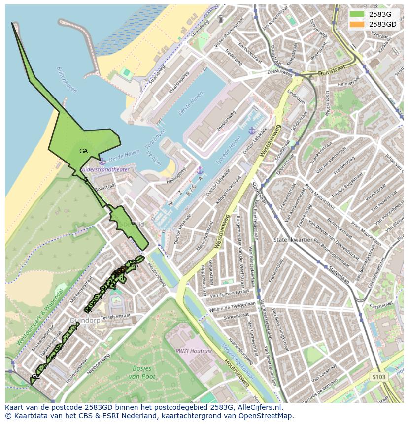 Afbeelding van het postcodegebied 2583 GD op de kaart.