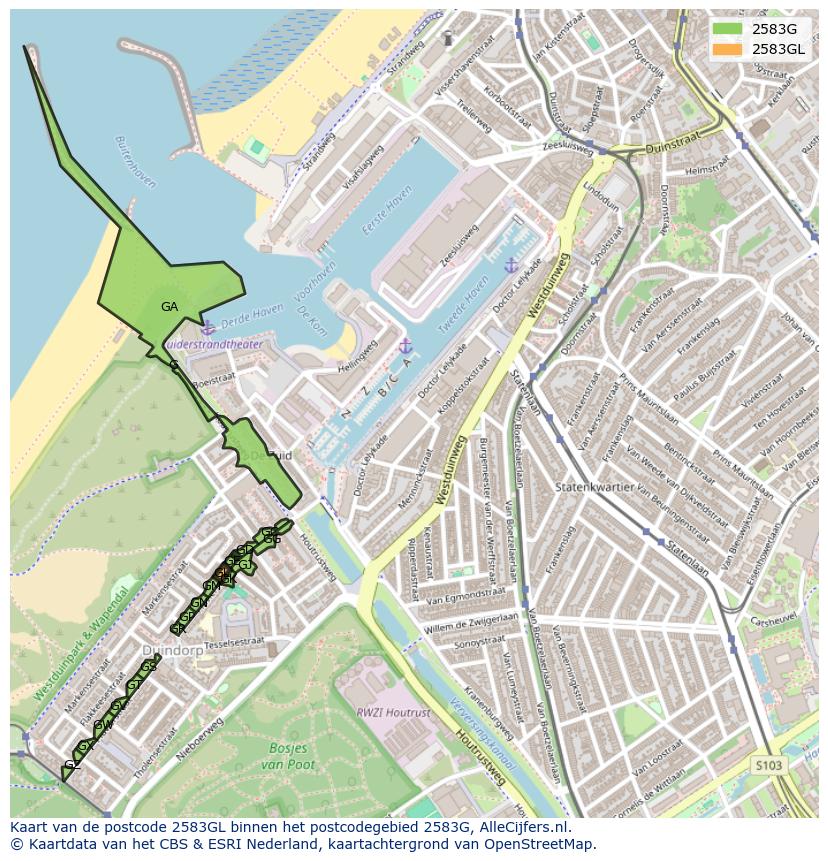 Afbeelding van het postcodegebied 2583 GL op de kaart.