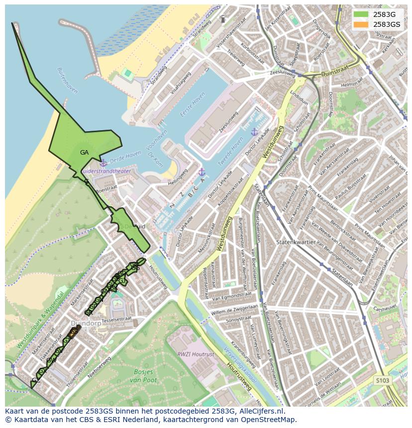 Afbeelding van het postcodegebied 2583 GS op de kaart.