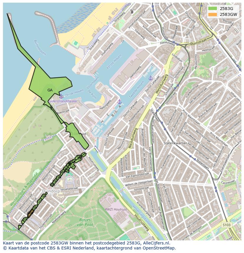 Afbeelding van het postcodegebied 2583 GW op de kaart.