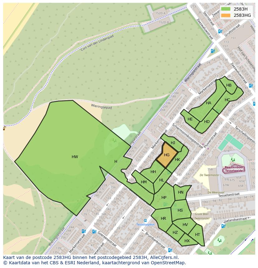 Afbeelding van het postcodegebied 2583 HG op de kaart.