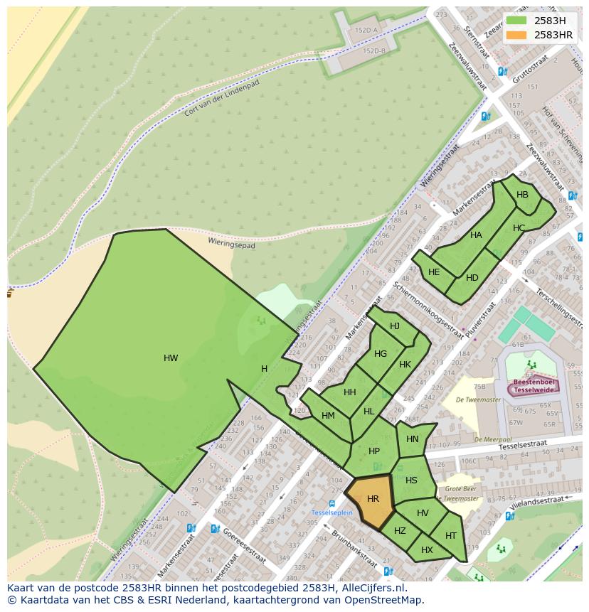 Afbeelding van het postcodegebied 2583 HR op de kaart.