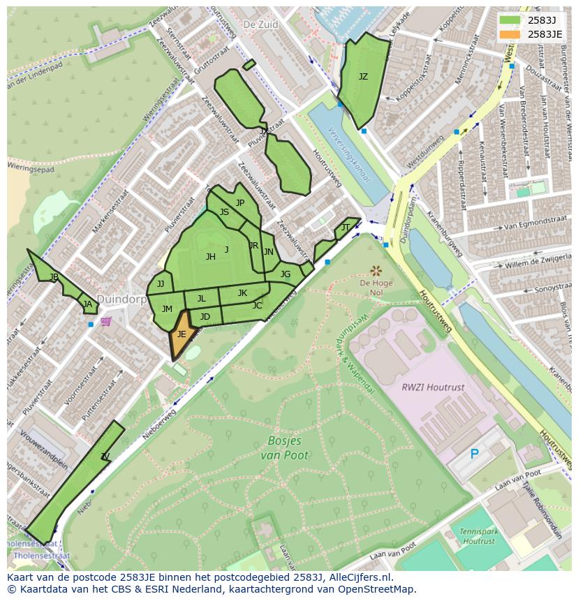 Afbeelding van het postcodegebied 2583 JE op de kaart.