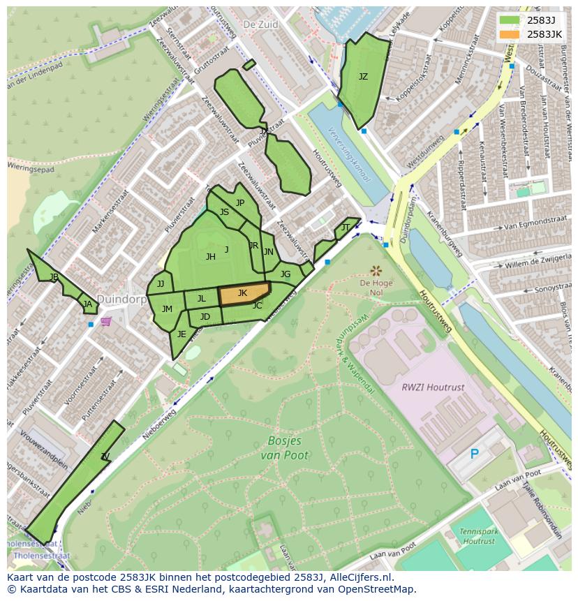 Afbeelding van het postcodegebied 2583 JK op de kaart.