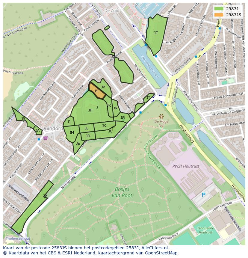 Afbeelding van het postcodegebied 2583 JS op de kaart.