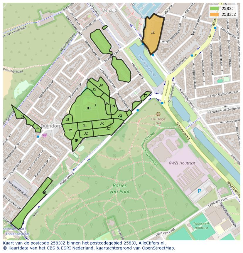 Afbeelding van het postcodegebied 2583 JZ op de kaart.