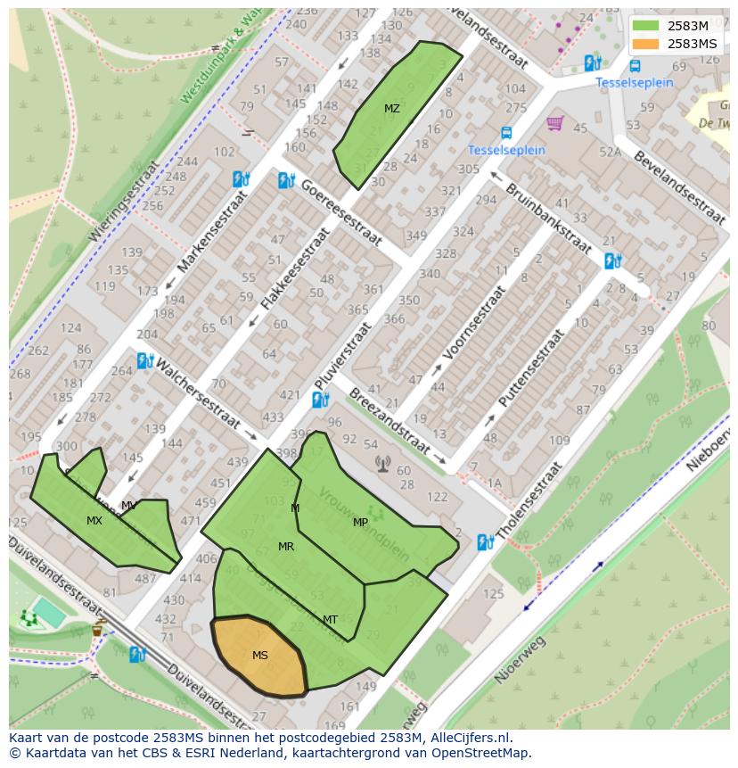 Afbeelding van het postcodegebied 2583 MS op de kaart.