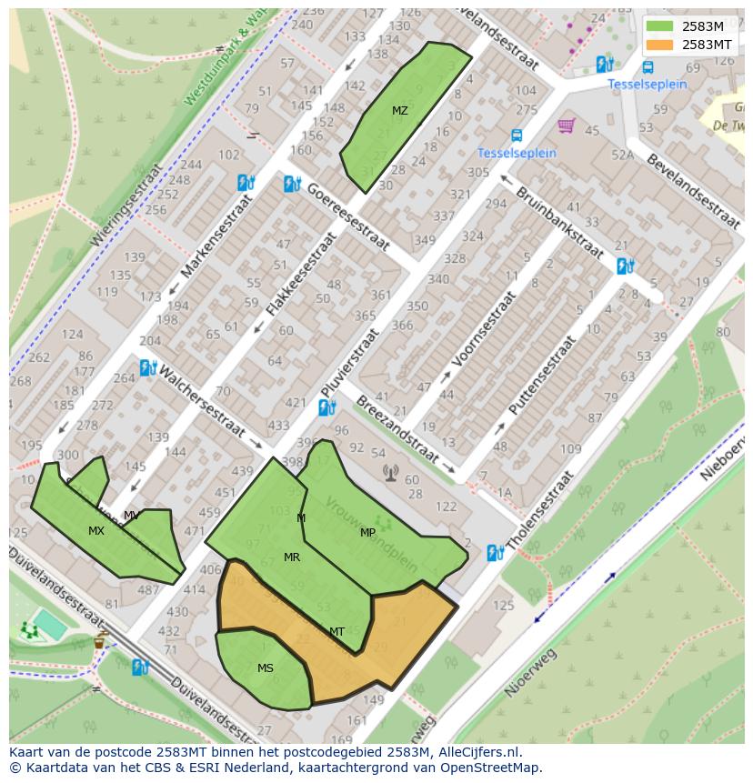 Afbeelding van het postcodegebied 2583 MT op de kaart.