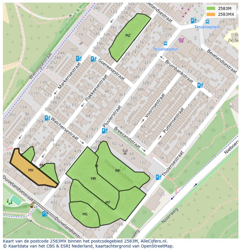 Afbeelding van het postcodegebied 2583 MX op de kaart.