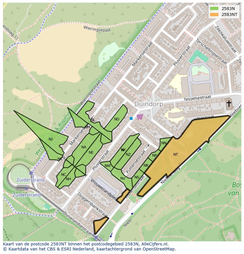 Afbeelding van het postcodegebied 2583 NT op de kaart.