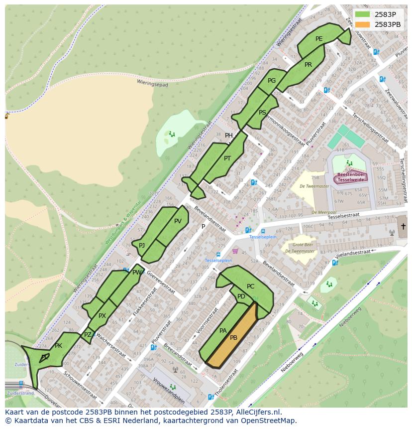 Afbeelding van het postcodegebied 2583 PB op de kaart.
