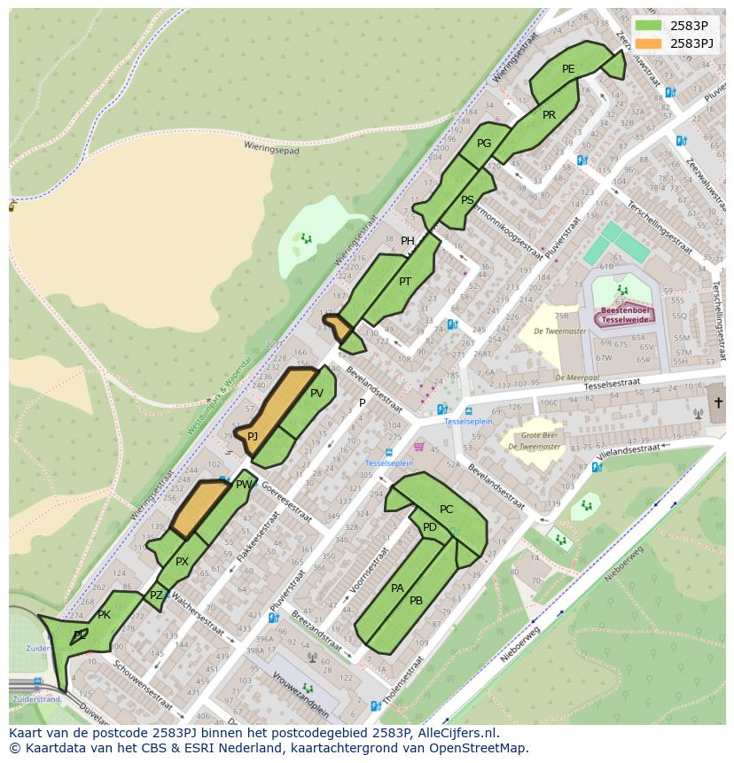 Afbeelding van het postcodegebied 2583 PJ op de kaart.