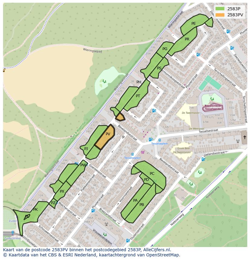 Afbeelding van het postcodegebied 2583 PV op de kaart.