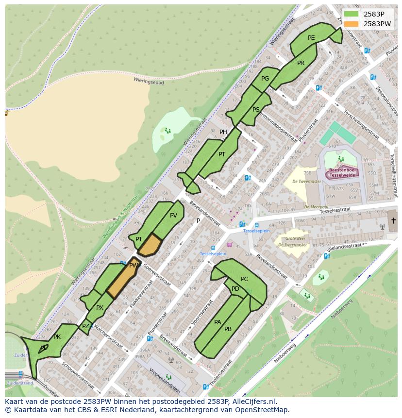 Afbeelding van het postcodegebied 2583 PW op de kaart.
