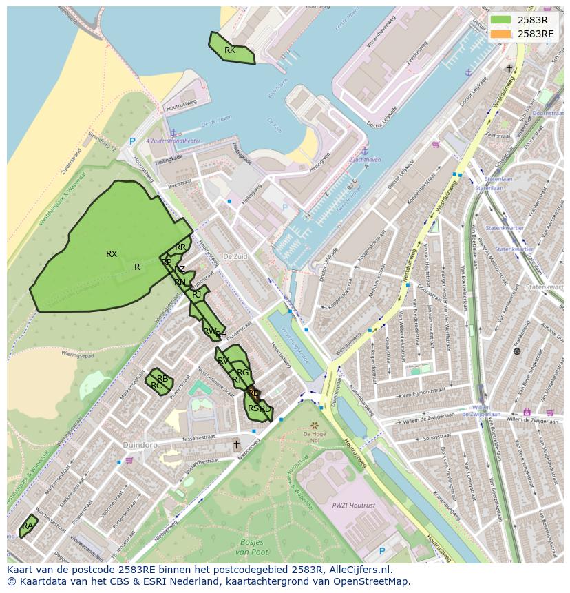 Afbeelding van het postcodegebied 2583 RE op de kaart.