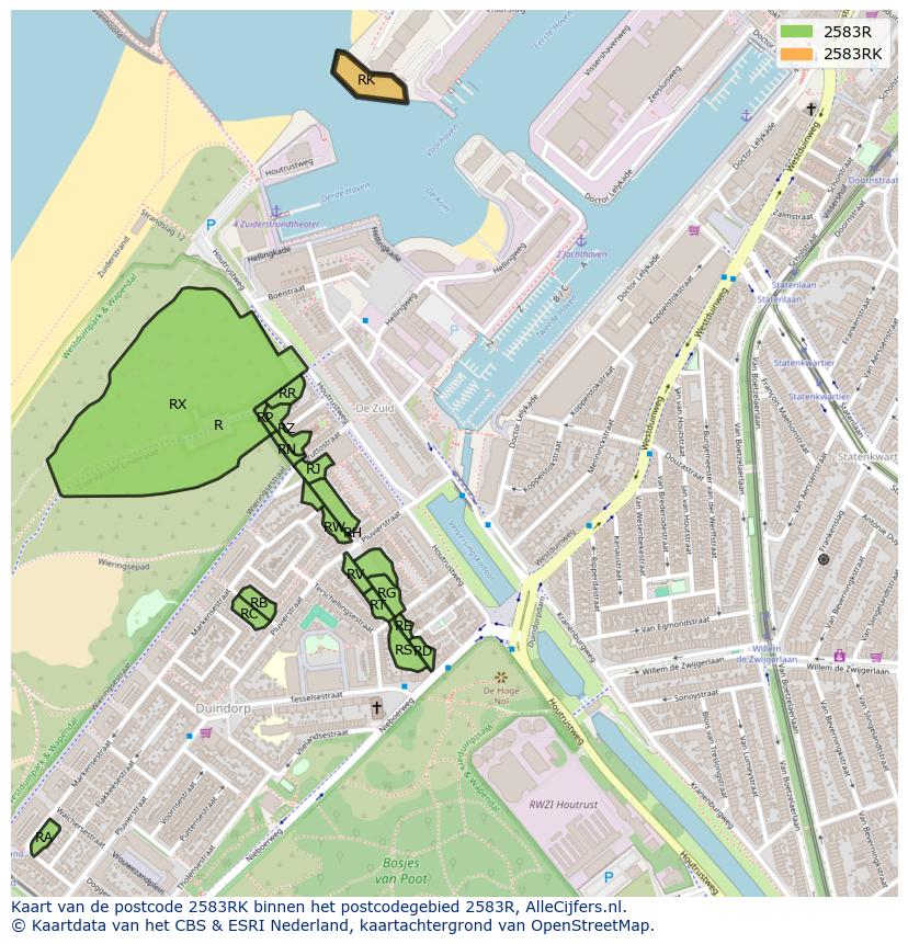 Afbeelding van het postcodegebied 2583 RK op de kaart.
