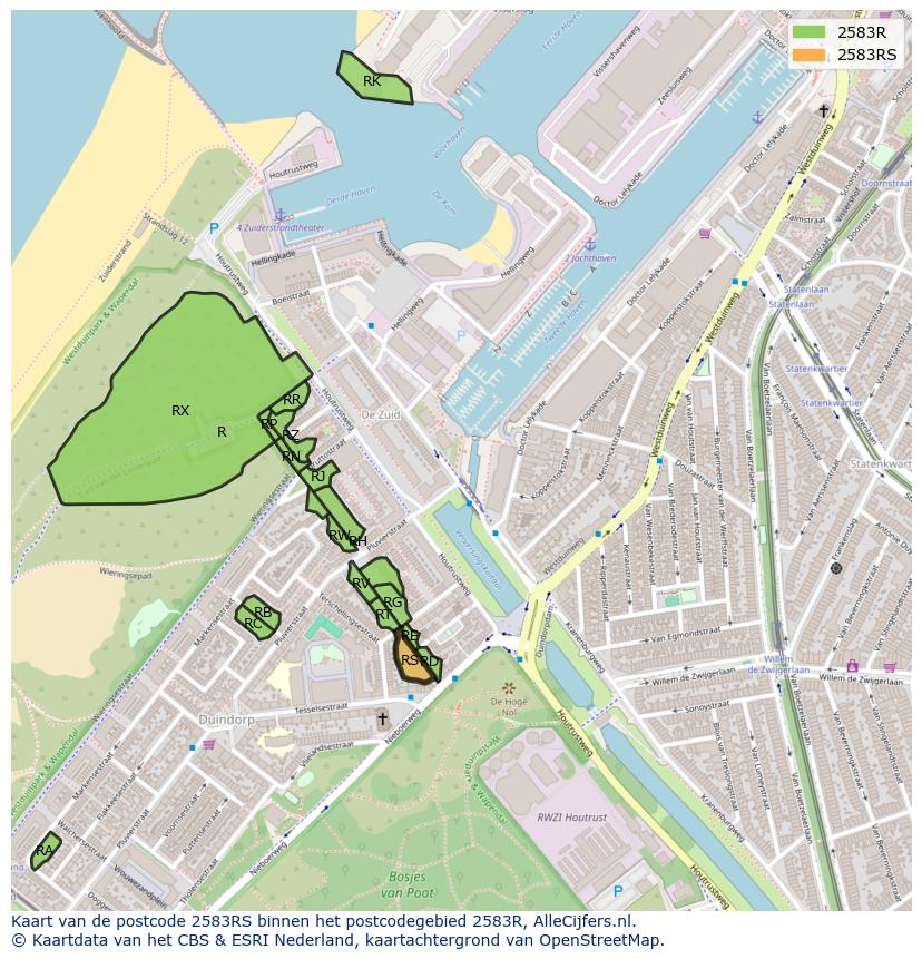 Afbeelding van het postcodegebied 2583 RS op de kaart.