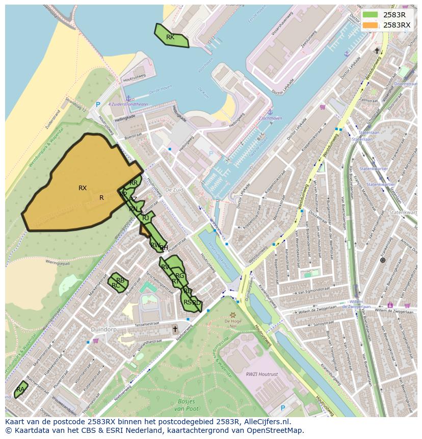 Afbeelding van het postcodegebied 2583 RX op de kaart.