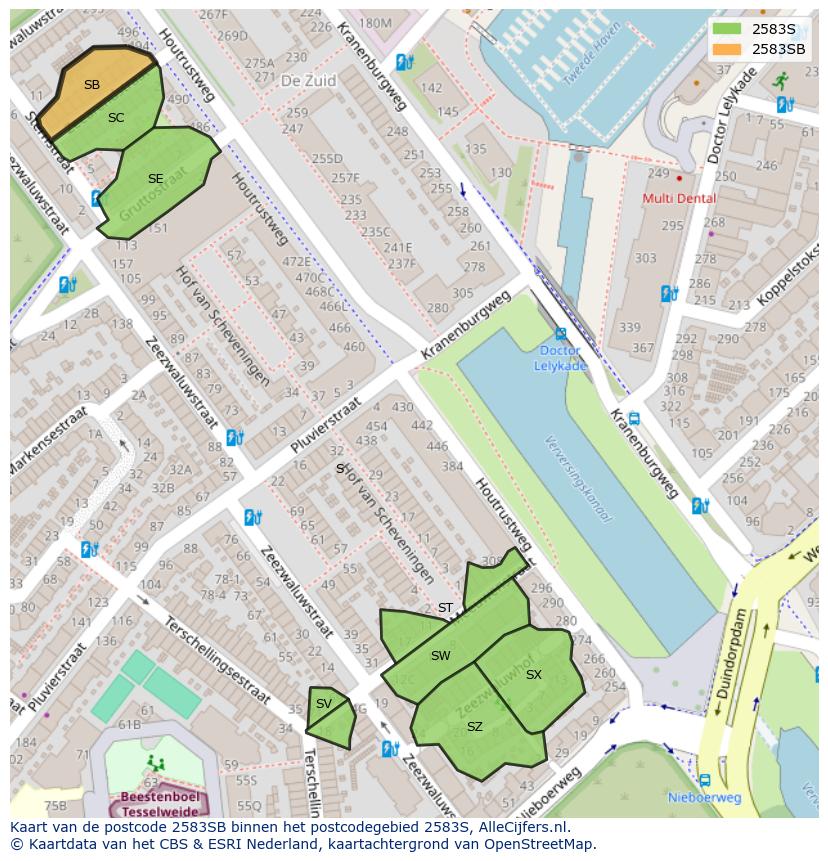 Afbeelding van het postcodegebied 2583 SB op de kaart.