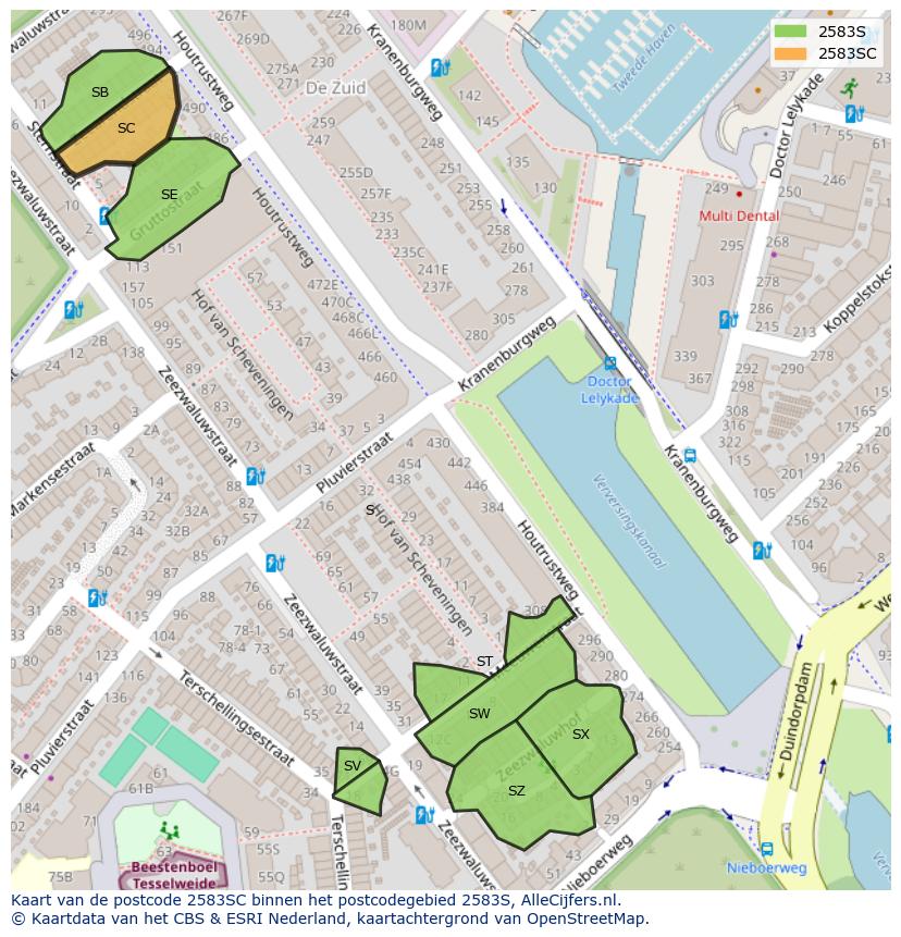 Afbeelding van het postcodegebied 2583 SC op de kaart.