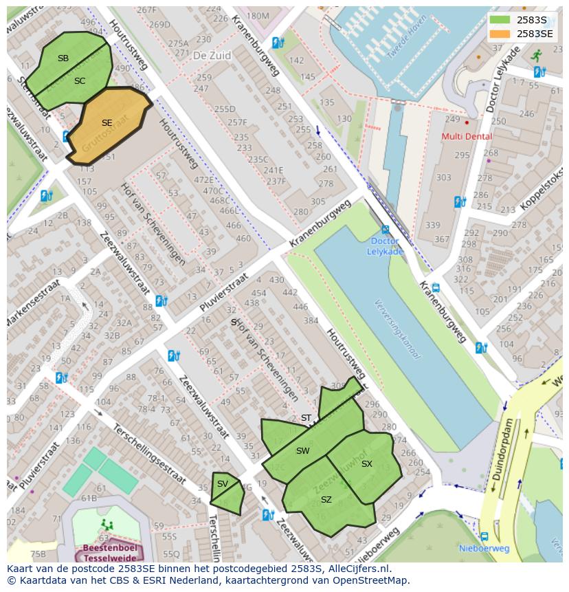 Afbeelding van het postcodegebied 2583 SE op de kaart.