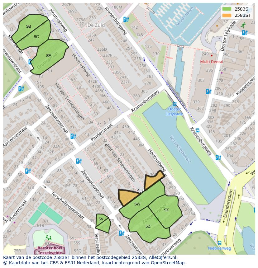 Afbeelding van het postcodegebied 2583 ST op de kaart.