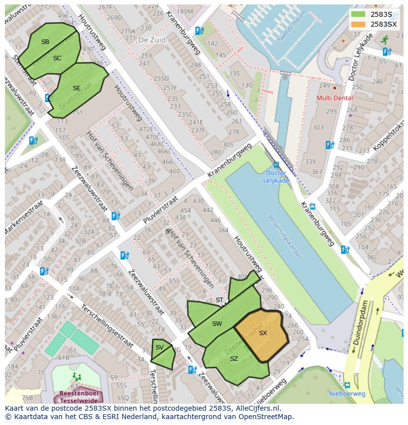 Afbeelding van het postcodegebied 2583 SX op de kaart.