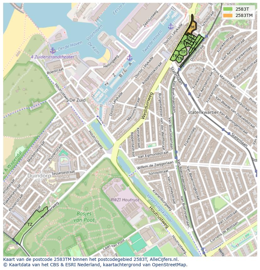 Afbeelding van het postcodegebied 2583 TM op de kaart.