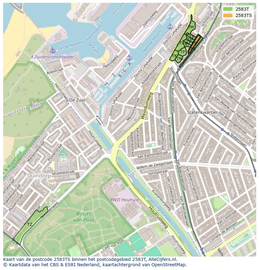 Afbeelding van het postcodegebied 2583 TS op de kaart.