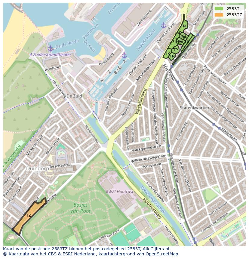 Afbeelding van het postcodegebied 2583 TZ op de kaart.