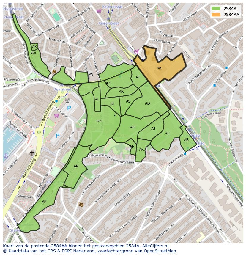 Afbeelding van het postcodegebied 2584 AA op de kaart.