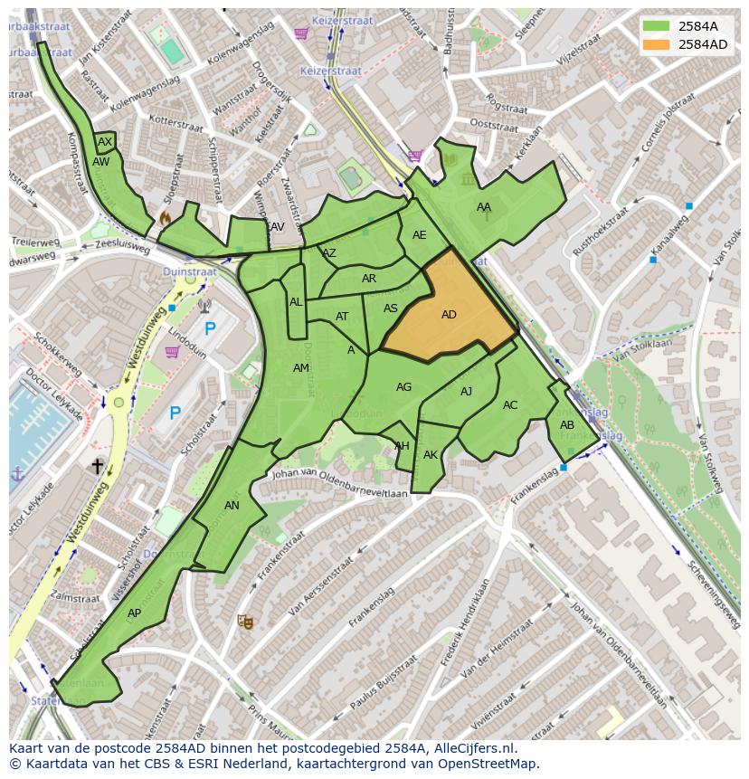 Afbeelding van het postcodegebied 2584 AD op de kaart.
