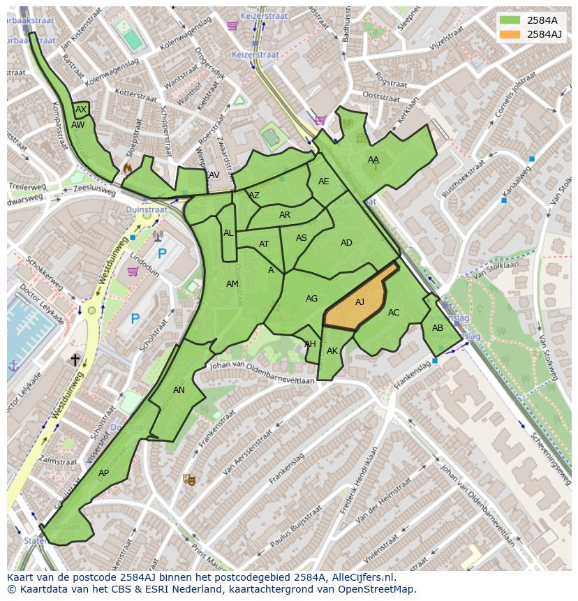 Afbeelding van het postcodegebied 2584 AJ op de kaart.