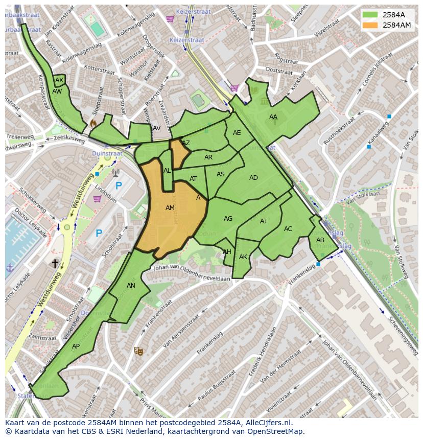 Afbeelding van het postcodegebied 2584 AM op de kaart.