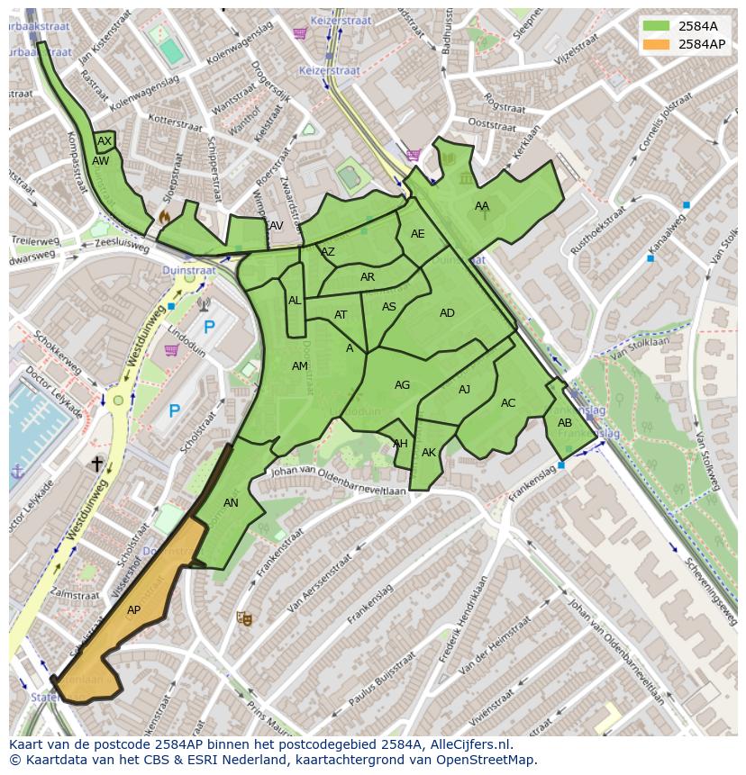 Afbeelding van het postcodegebied 2584 AP op de kaart.