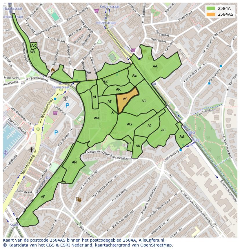 Afbeelding van het postcodegebied 2584 AS op de kaart.