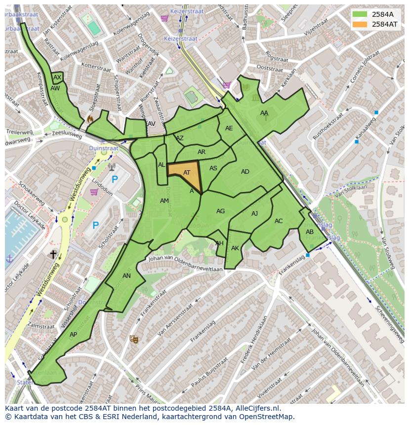 Afbeelding van het postcodegebied 2584 AT op de kaart.