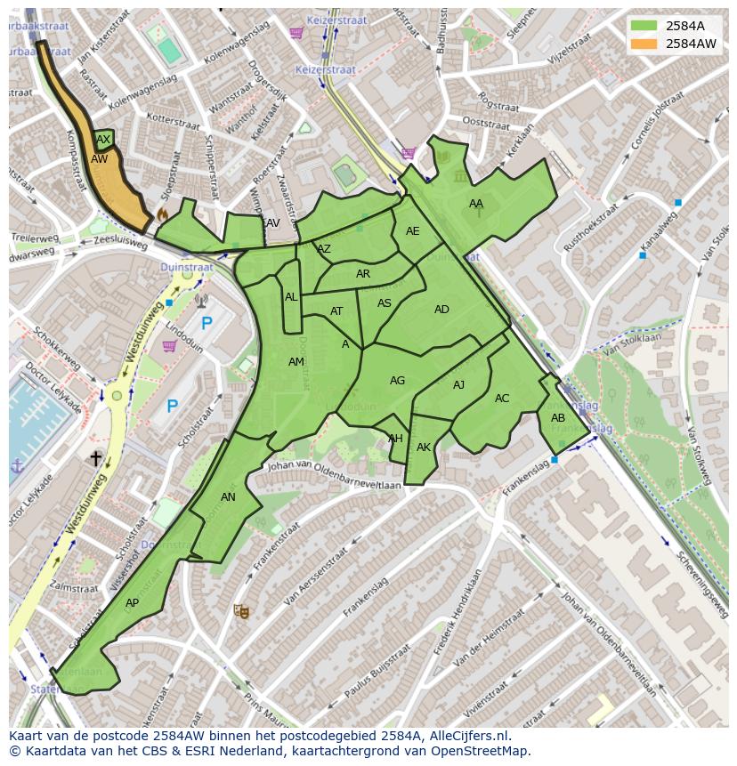 Afbeelding van het postcodegebied 2584 AW op de kaart.