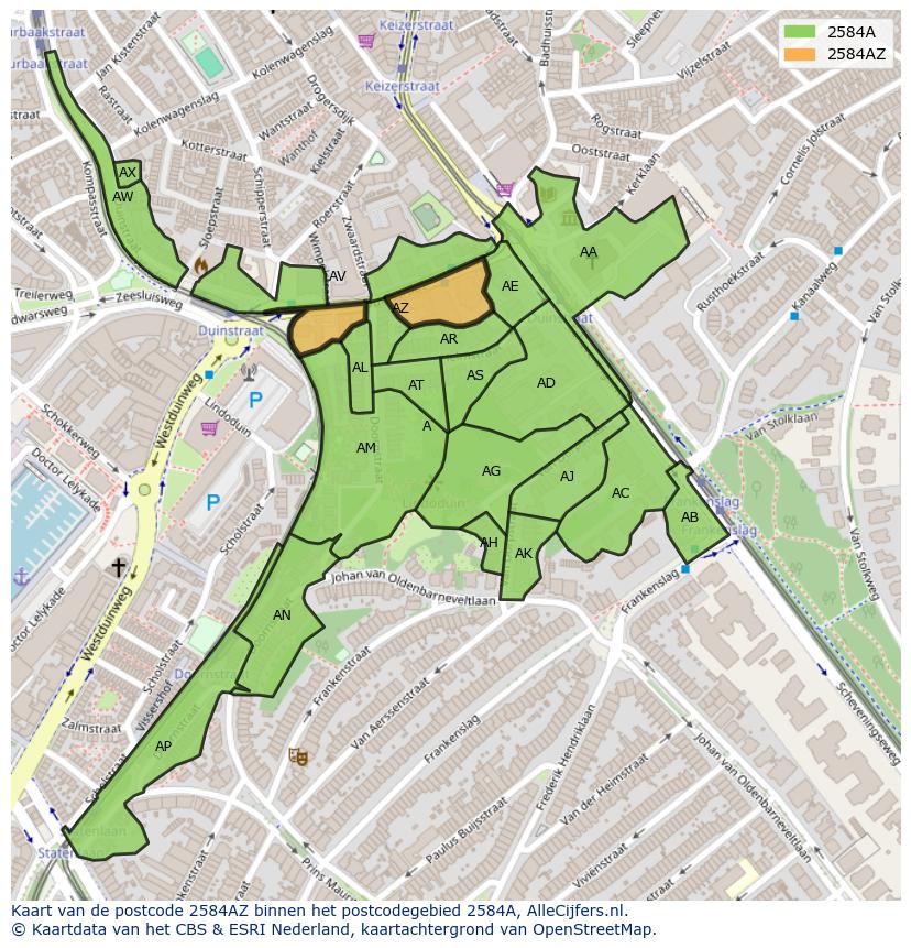 Afbeelding van het postcodegebied 2584 AZ op de kaart.