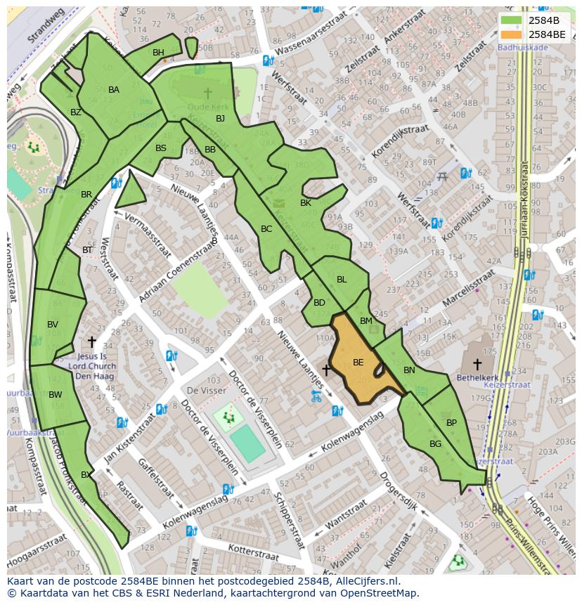Afbeelding van het postcodegebied 2584 BE op de kaart.