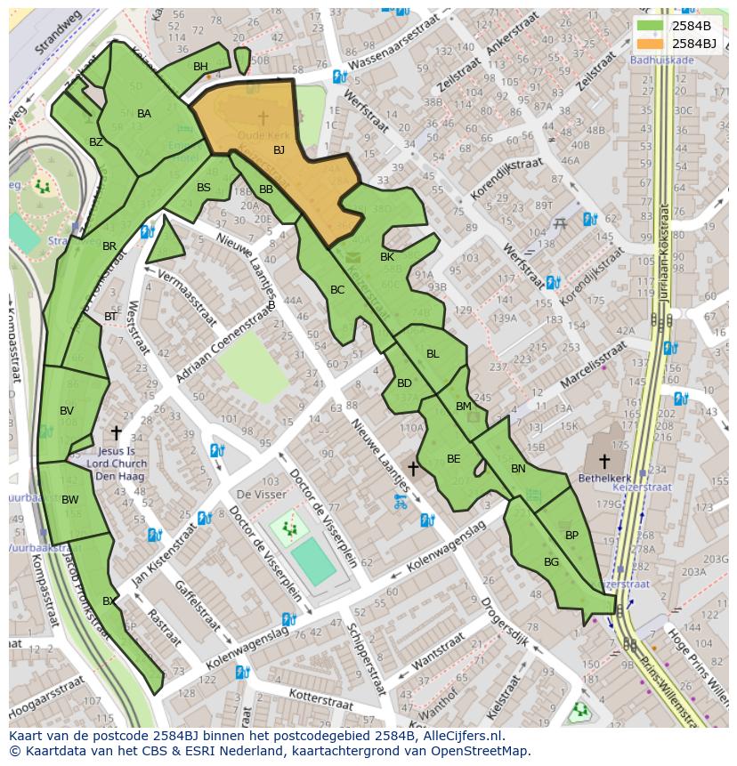 Afbeelding van het postcodegebied 2584 BJ op de kaart.
