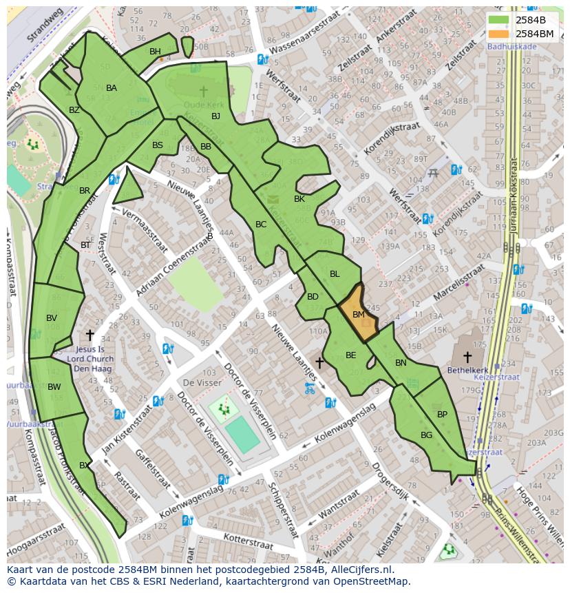 Afbeelding van het postcodegebied 2584 BM op de kaart.