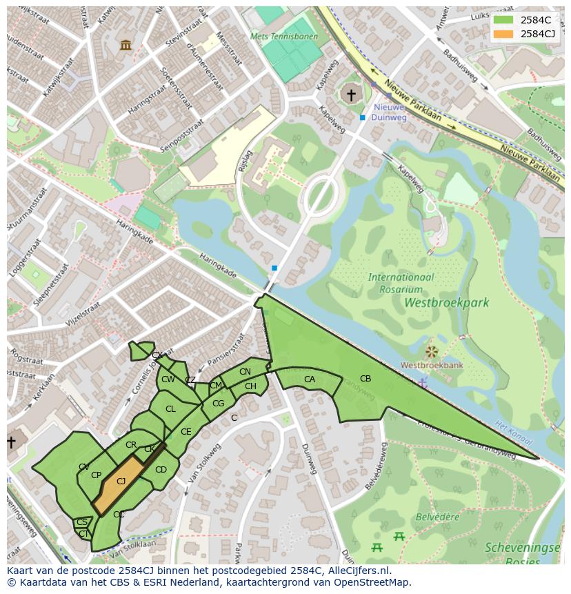 Afbeelding van het postcodegebied 2584 CJ op de kaart.