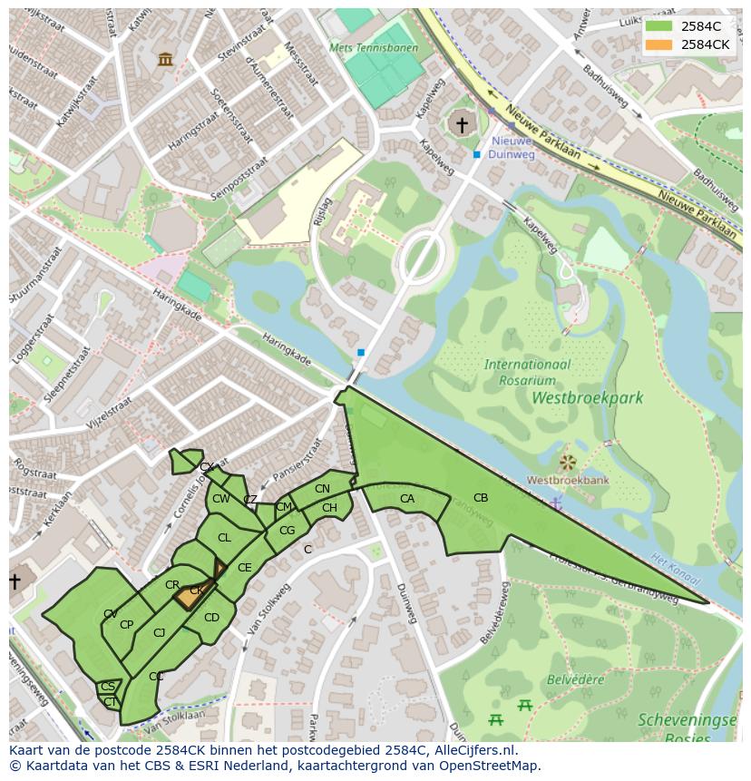 Afbeelding van het postcodegebied 2584 CK op de kaart.
