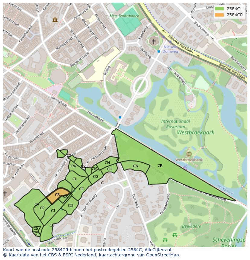 Afbeelding van het postcodegebied 2584 CR op de kaart.