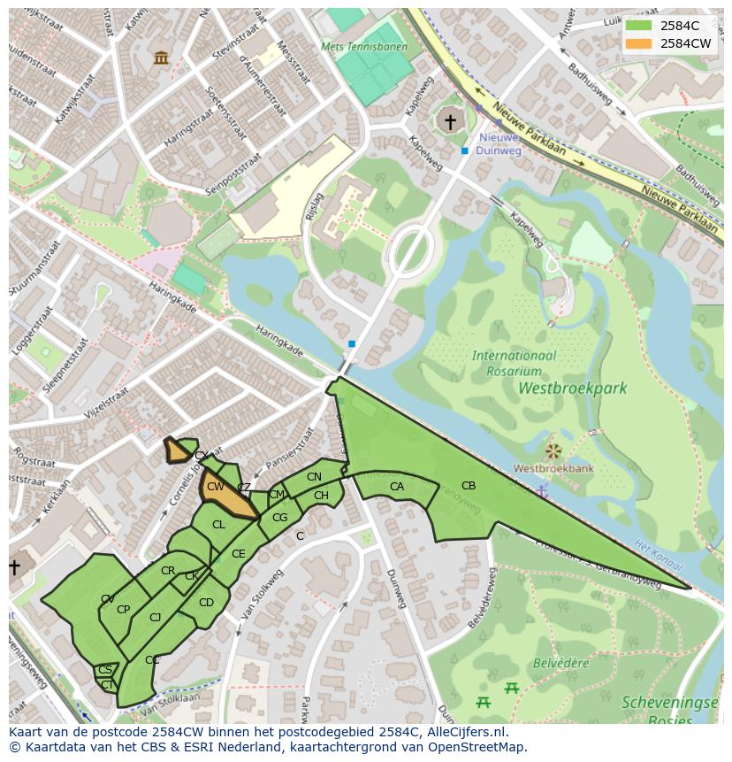 Afbeelding van het postcodegebied 2584 CW op de kaart.