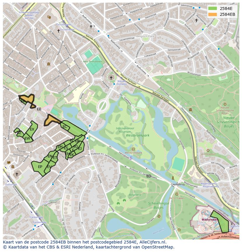 Afbeelding van het postcodegebied 2584 EB op de kaart.