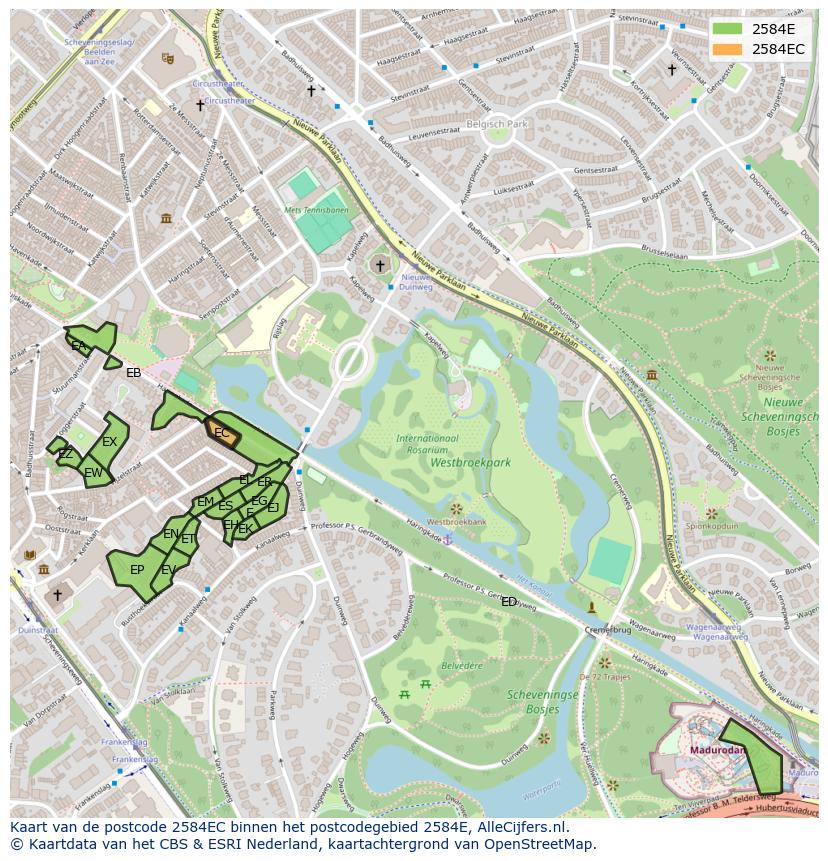 Afbeelding van het postcodegebied 2584 EC op de kaart.