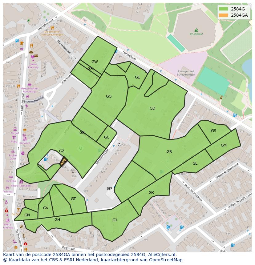 Afbeelding van het postcodegebied 2584 GA op de kaart.