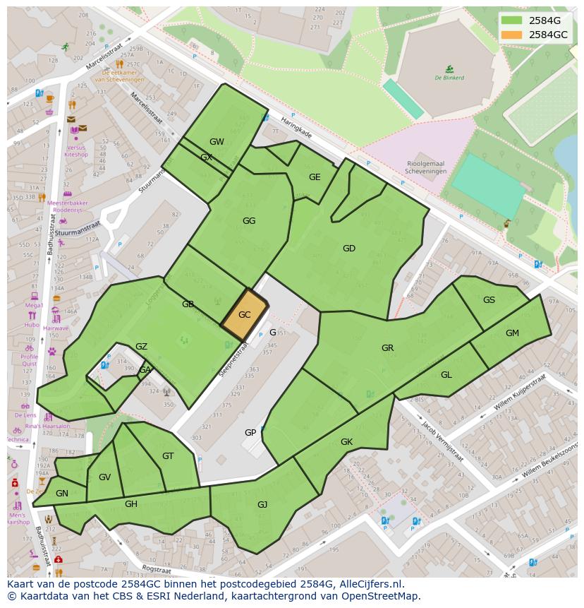 Afbeelding van het postcodegebied 2584 GC op de kaart.